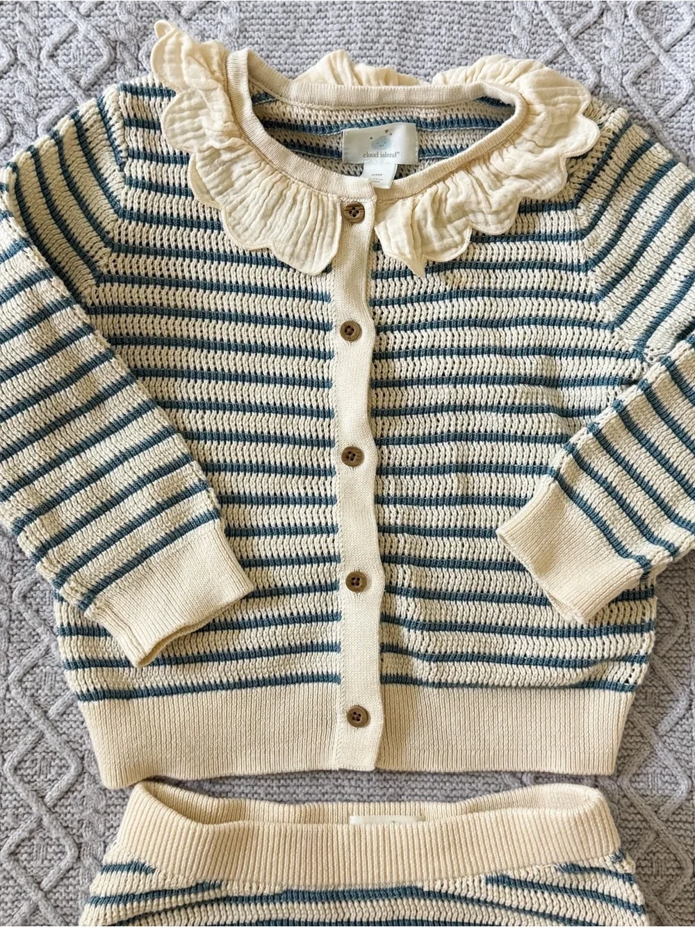 Cream and Blue Striped Ruffle Collar Knit Cardigan + Bloomers Matching Set 24M